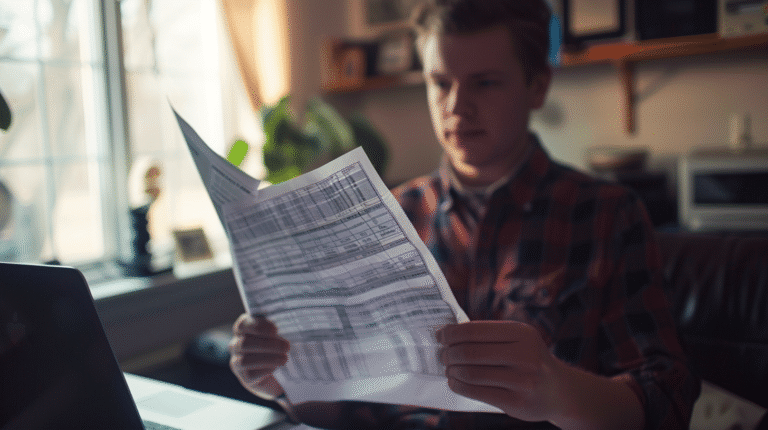 Homme examinant un document avec des tableaux et des chiffres.
