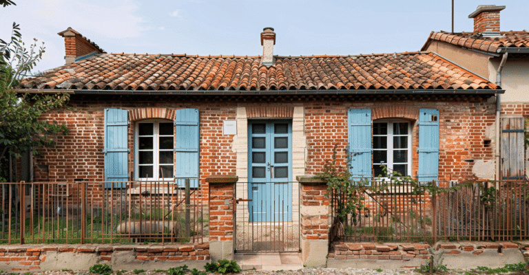 Maison en briques avec volets bleus et jardin.