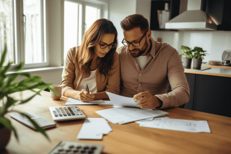 Couple analysant des documents financiers sur une table.
