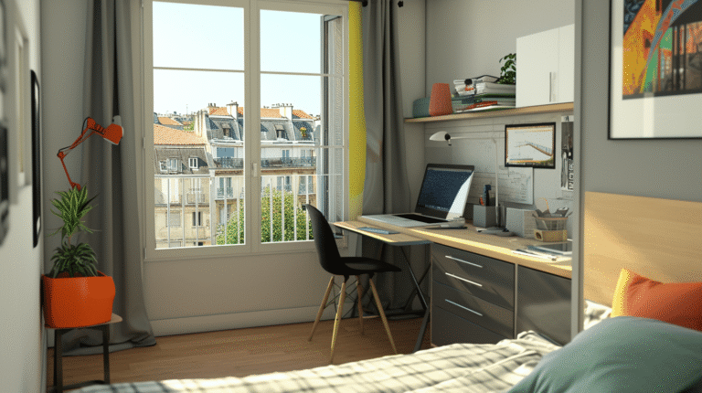 Bureau moderne avec vue sur des bâtiments parisiens.