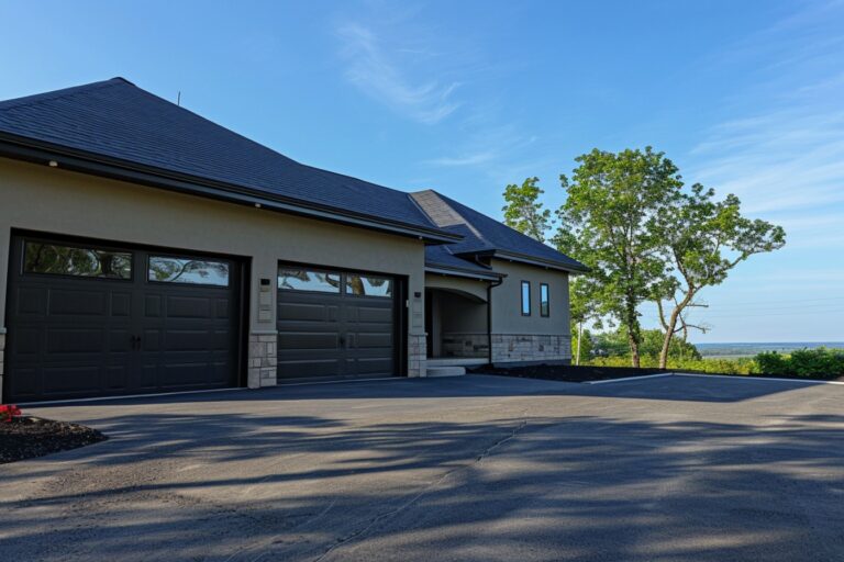 Maison moderne avec garage et arbres en arrière-plan.
