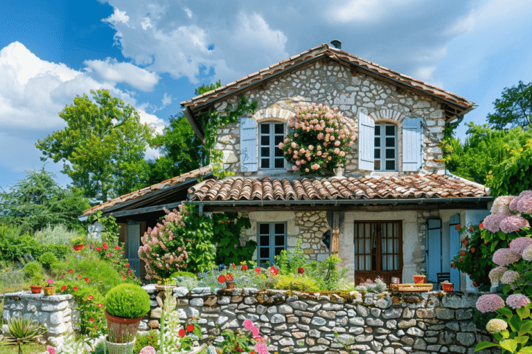 Maison en pierre entourée de fleurs colorées et verdure.