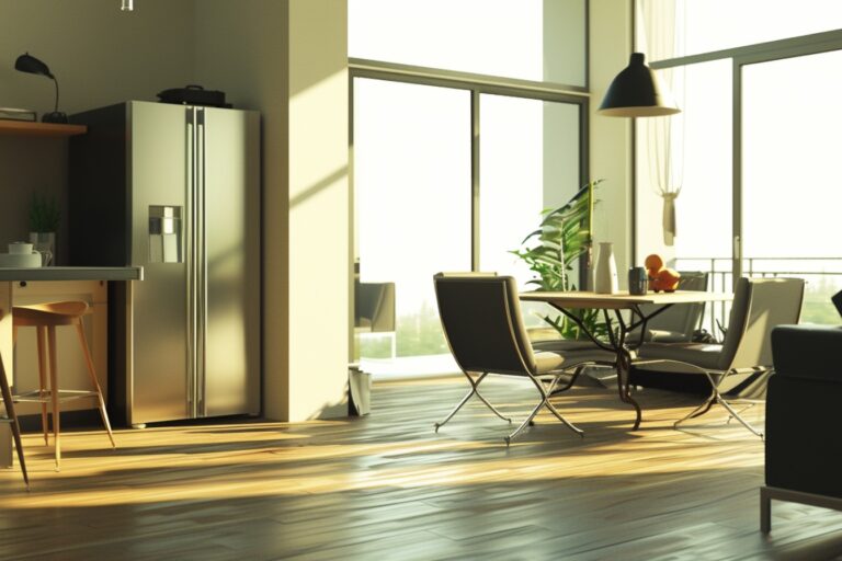 Cuisine moderne avec table et chaises, fenêtre lumineuse.