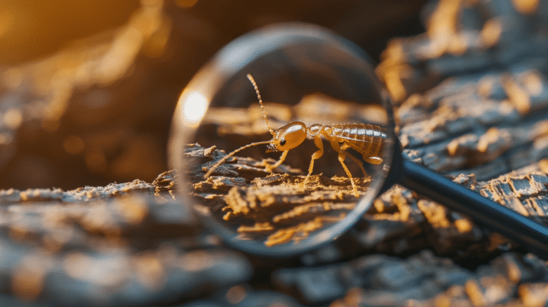 Insecte observé à travers une loupe sur du bois.