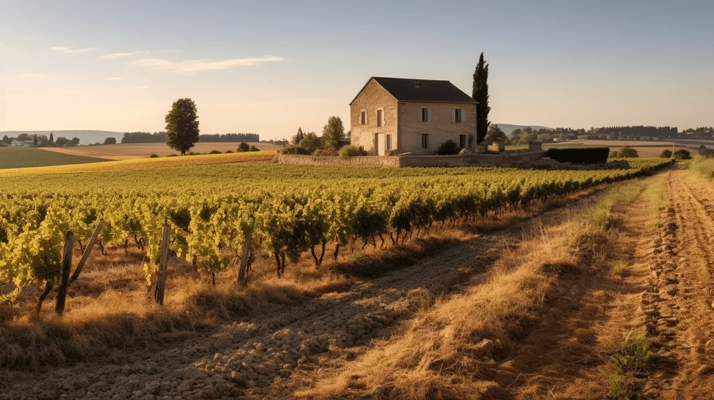 Vignoble verdoyant avec maison en pierre au coucher de soleil.