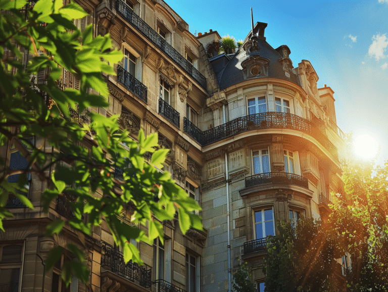Bâtiment haussmannien avec balcons et ciel bleu.