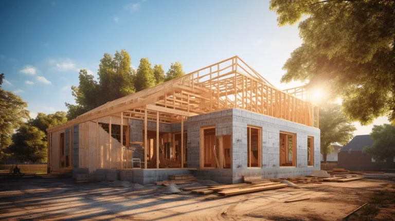 Construction d'une maison avec structure en bois.