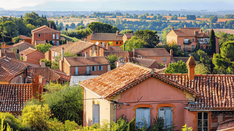 Maisons en terracotta surplombant un paysage verdoyant.