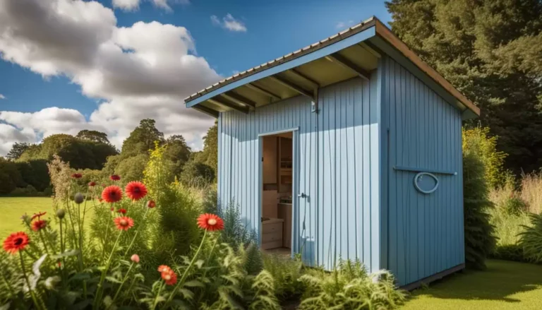 Cabane bleue entourée de fleurs colorées et verdure.