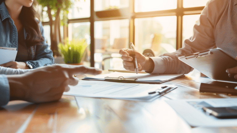 Discussion professionnelle autour de documents sur une table.
