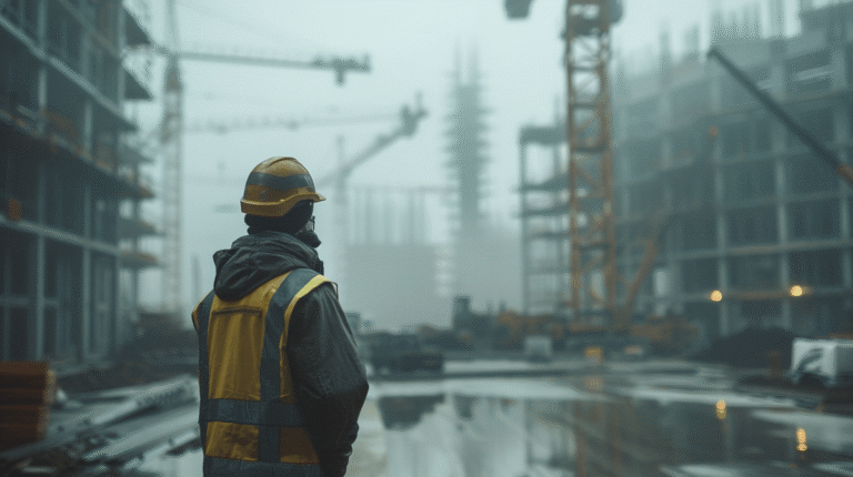 Ouvrier en tenue de sécurité observant un chantier brumeux.
