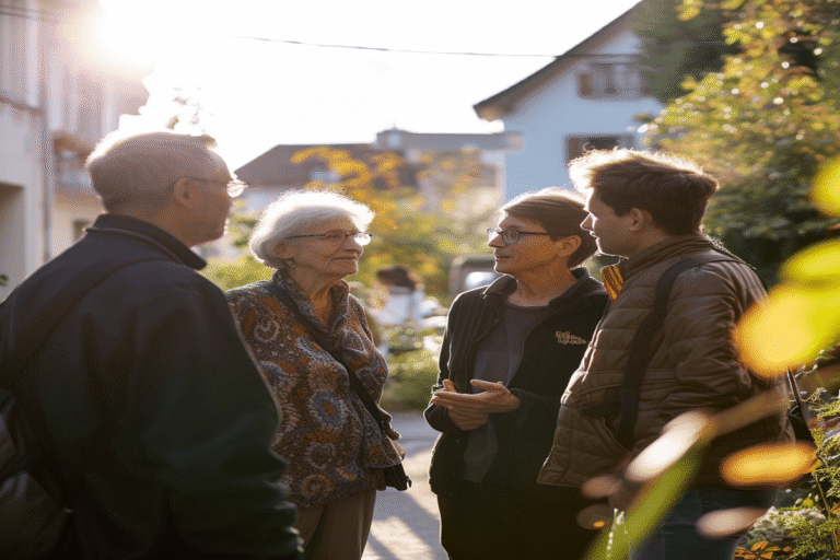 Quatre personnes conversent à l'extérieur, éclairées par le soleil.