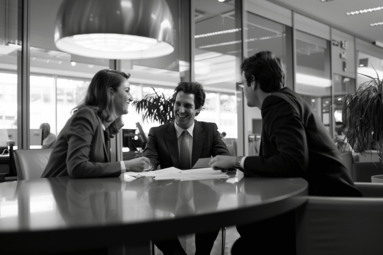 Trois professionnels discutent autour d'une table dans un bureau.
