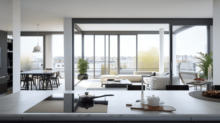 Cuisine moderne avec vue sur la ville.