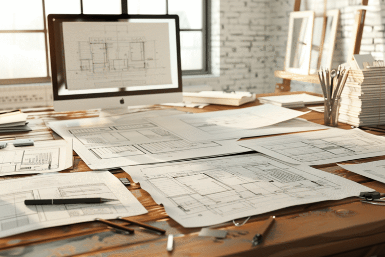 Plans architecturaux éparpillés sur un bureau en bois.