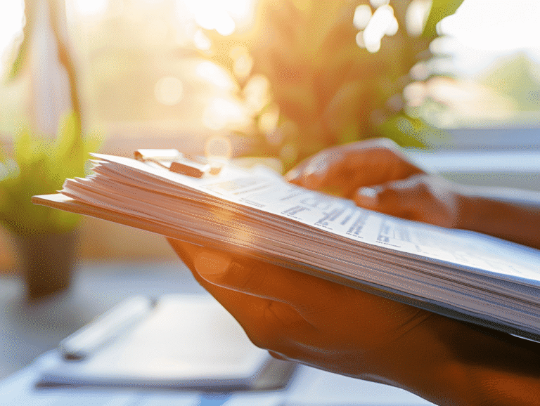 Main tenant un dossier de documents sous une lumière dorée.