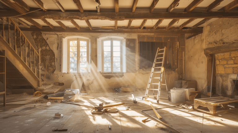 Salle de rénovation avec lumière filtrante et outils.