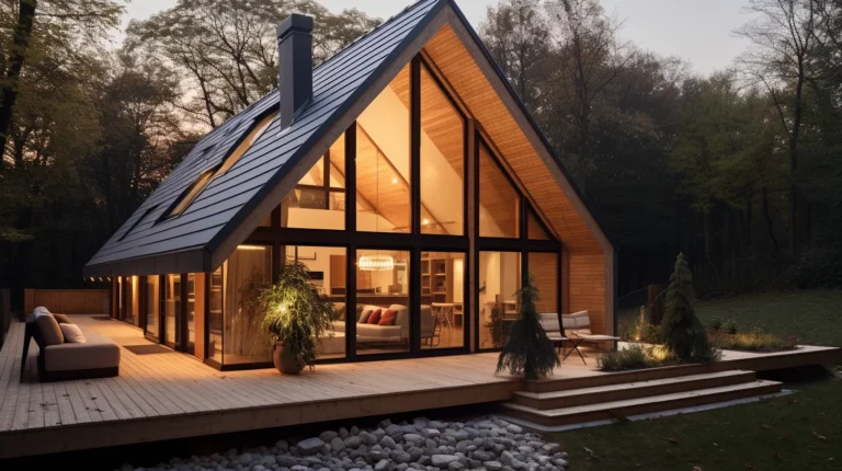 Maison moderne en bois avec grandes fenêtres.