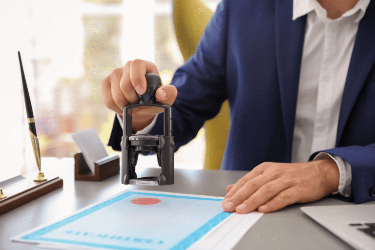 Homme apposant un cachet sur un document officiel.