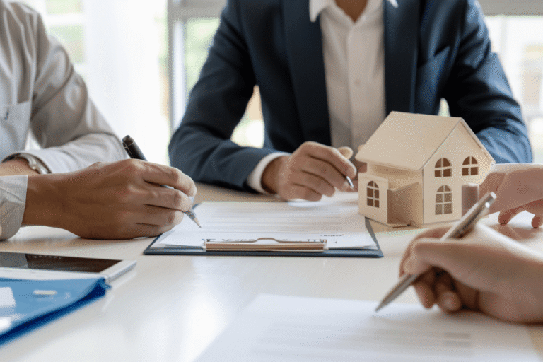 Réunion autour d'un contrat avec une maison miniature.