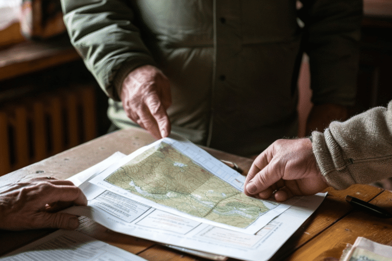 Discussion autour d'une carte topographique sur une table.