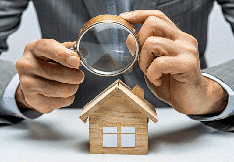 Homme examinant une maquette de maison avec une loupe.