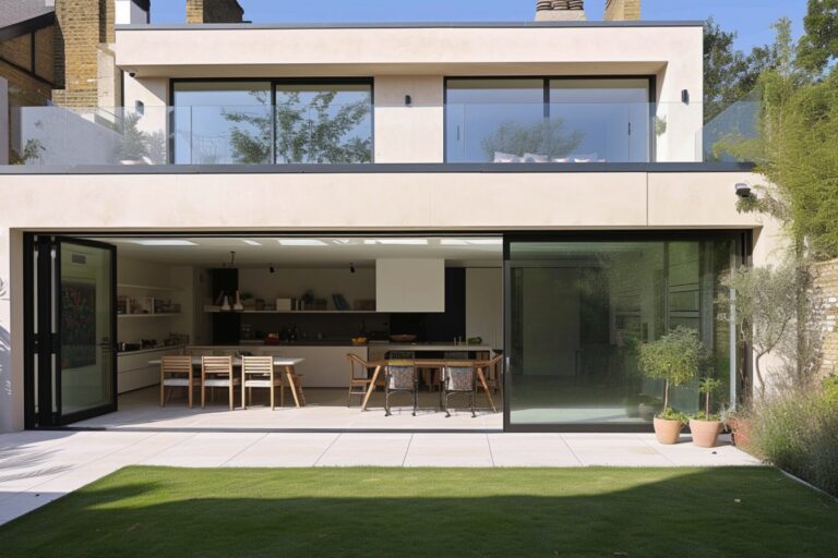 Maison moderne avec cuisine ouverte, salle à manger et jardin.