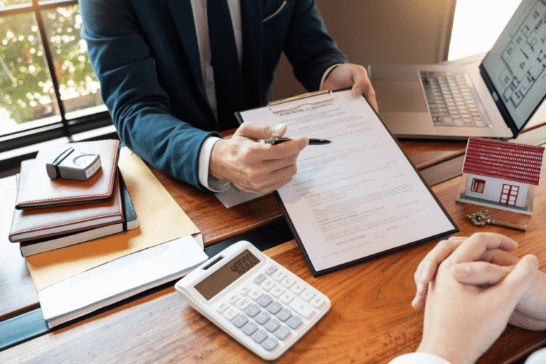 Signature d'un contrat d'achat immobilier sur une table.