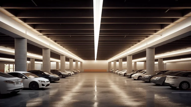 Parking moderne avec plusieurs voitures stationnées.