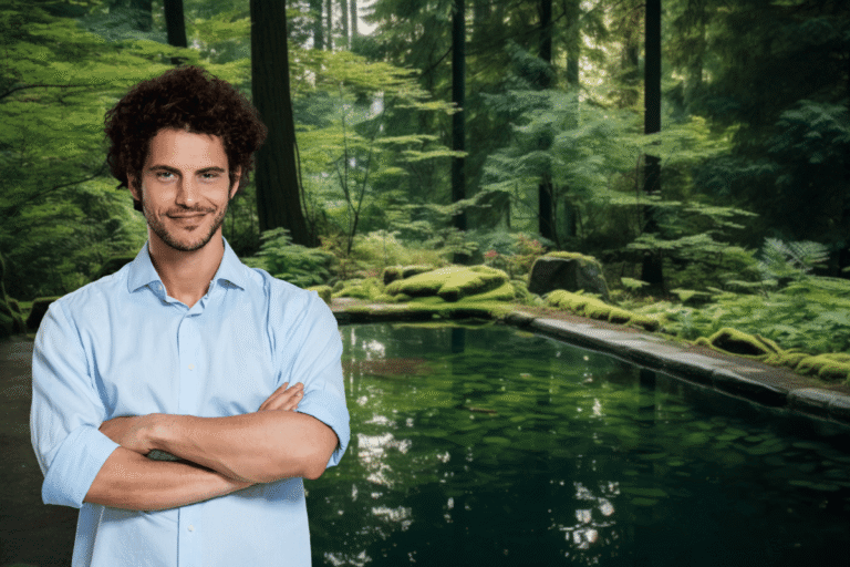 Homme souriant avec les bras croisés devant un étang verdoyant.