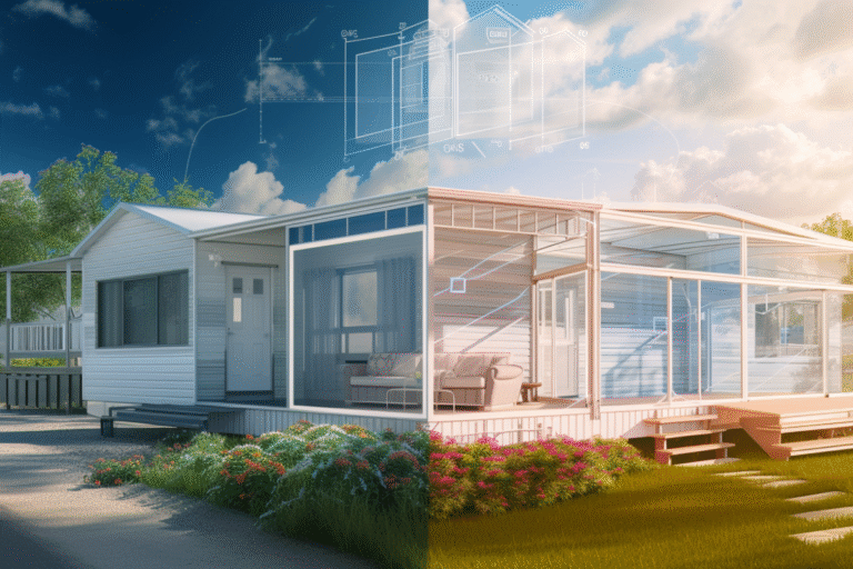 Maison moderne avec véranda et jardin fleuri.