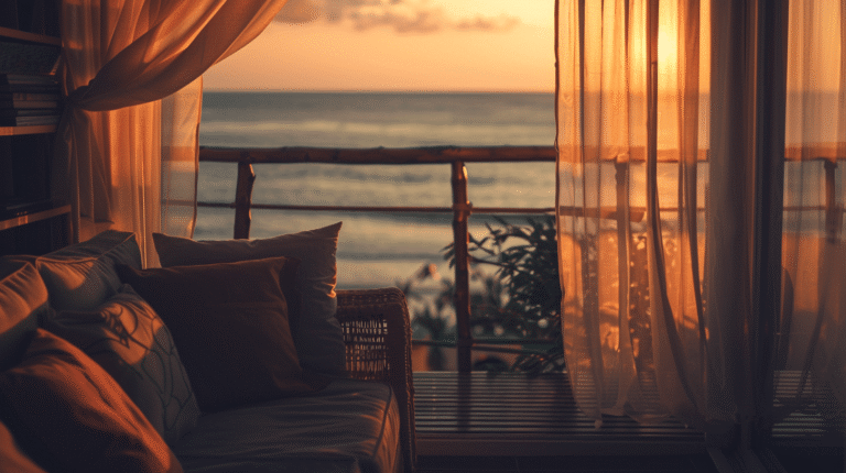 Coucher de soleil vu depuis un balcon confortable.