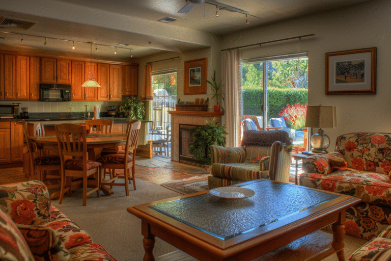 Salon chaleureux avec cuisine ouverte et jardin visible.