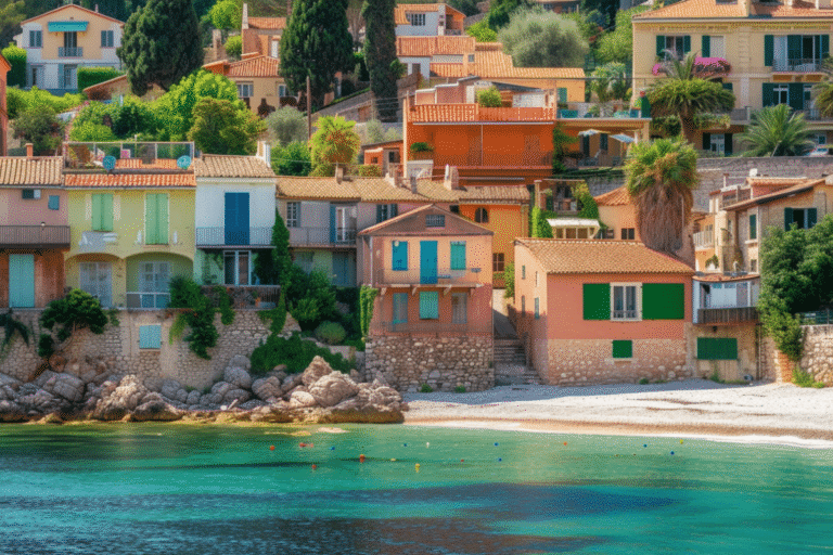 Maisons colorées surplombant une plage de galets.
