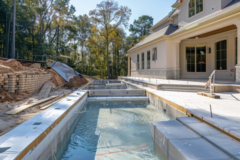 Construction de piscine en cours près d'une maison.