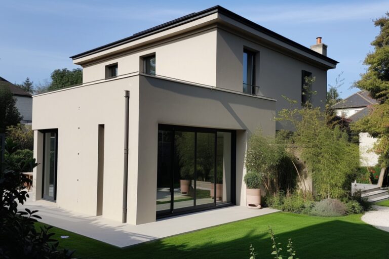 Maison moderne avec grandes baies vitrées et jardin.