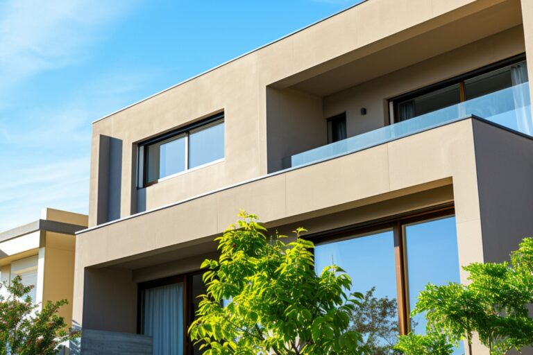 Façade moderne d'une maison avec balcons et plantes.