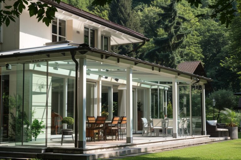 Véranda en verre avec mobilier de jardin élégant.