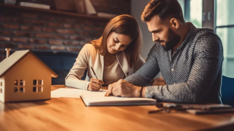 Couple discutant et notant des informations sur l'immobilier.