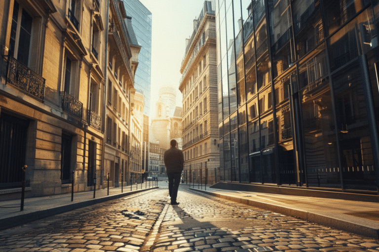 Homme marchant dans une rue pavée à Paris.