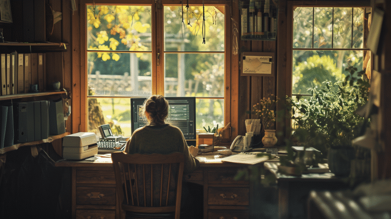 Femme travaillant à un bureau avec vue sur le jardin.