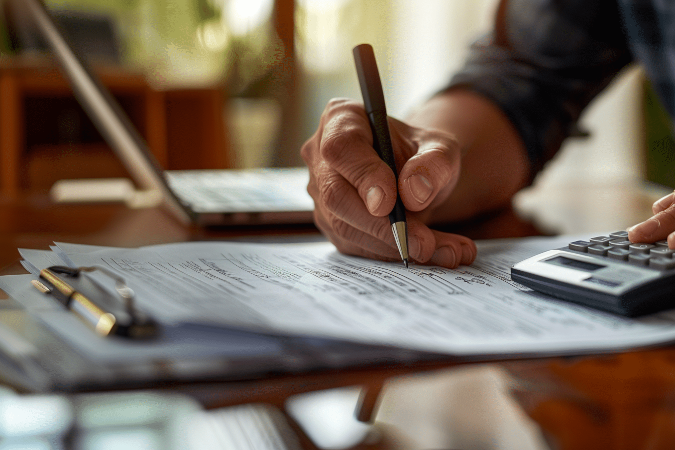 Main écrivant sur des documents avec une calculatrice à côté.