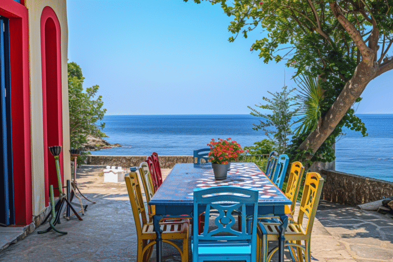 Table colorée avec vue sur mer calme.