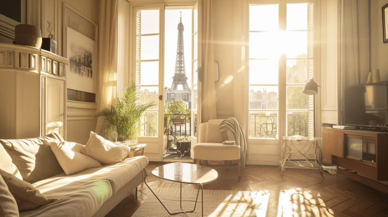 Salon lumineux avec vue sur la tour Eiffel.