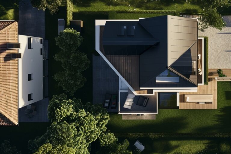 Vue aérienne d'une maison moderne avec une terrasse.