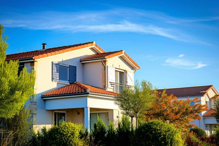 Maison moderne avec toiture en tuiles et jardin.