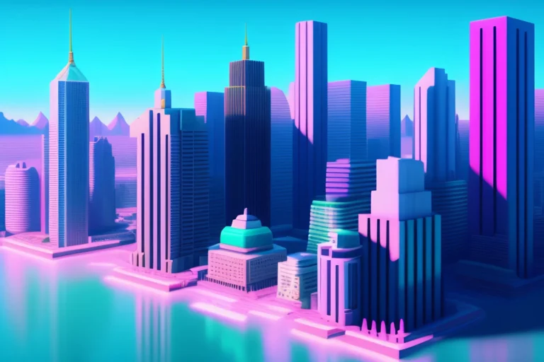 Gratte-ciels colorés se reflétant dans l'eau.