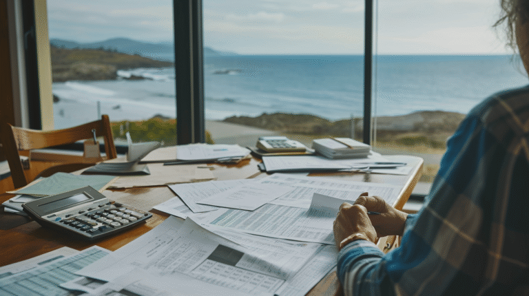 Calculatrice et documents sur une table face à la mer.
