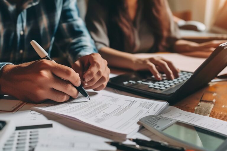 Personne prenant des notes sur des documents financiers.