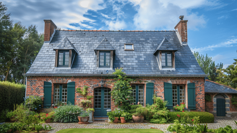 Maison de briques avec toit en ardoise et jardin fleuri.
